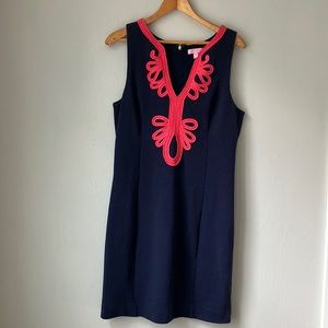 Lilly Pulitzer Janice Shift Dress Size XL Navy with Coral Detailing